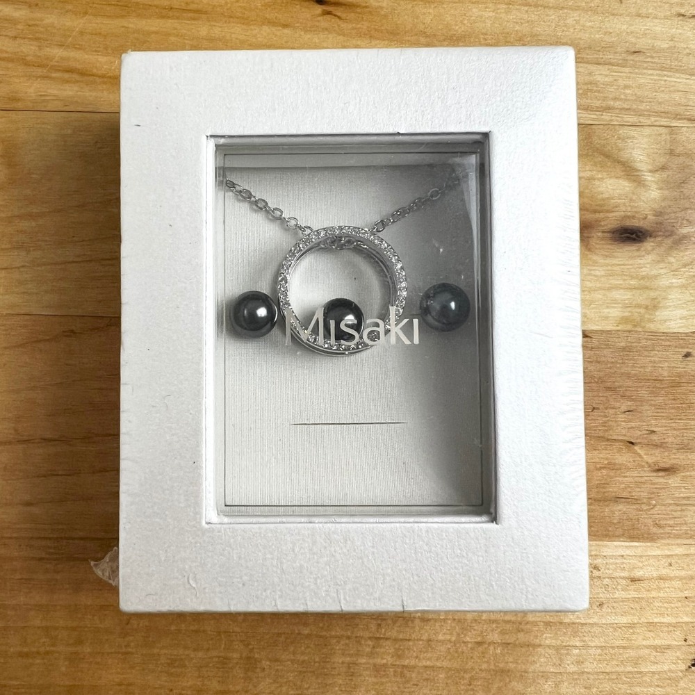 Misaki Pearl Stud Earrings and Crystal Ring Pendant Necklace Set NEW in BOX